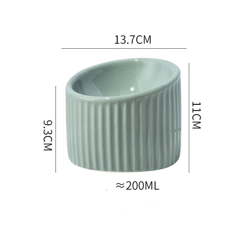 200ml Light Green Color Ceramic Striped Pet Bowl Image with Dimensions