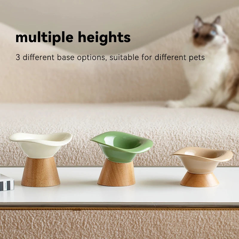 front image of three Wooden Tilted Raised Cat Bowls with different heights