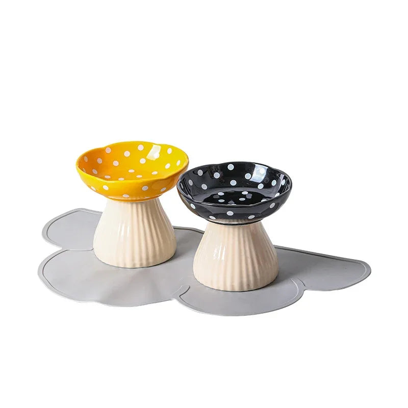 front image of yellow and black colors Mushroom Ceramic Elevated Cat Bowls with mat