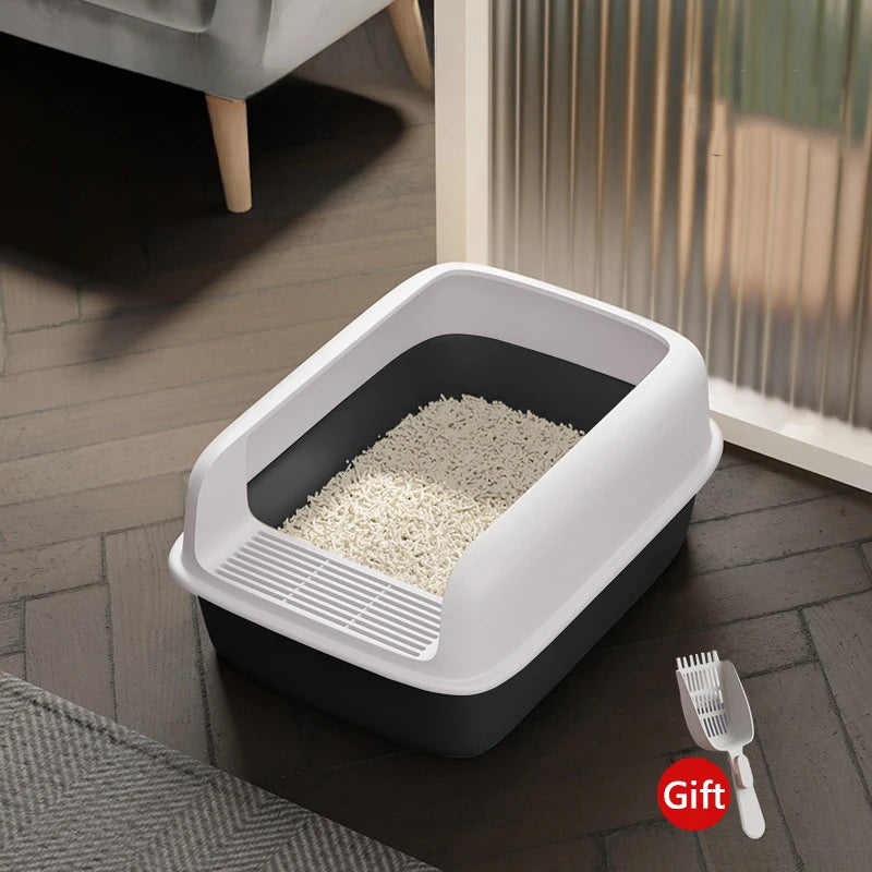 Dark Grey and White Color Semi-Enclosed Cat Litter Box with Free Shovel Gift