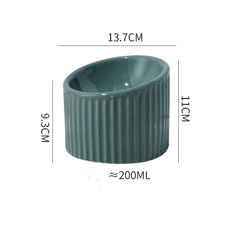 200ml Dark Green Color Ceramic Striped Pet Bowl Image with Dimensions