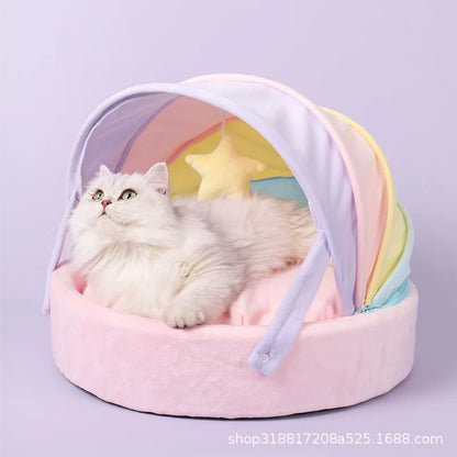 front image of Rainbow Tent Cat Bed with cat lying inside