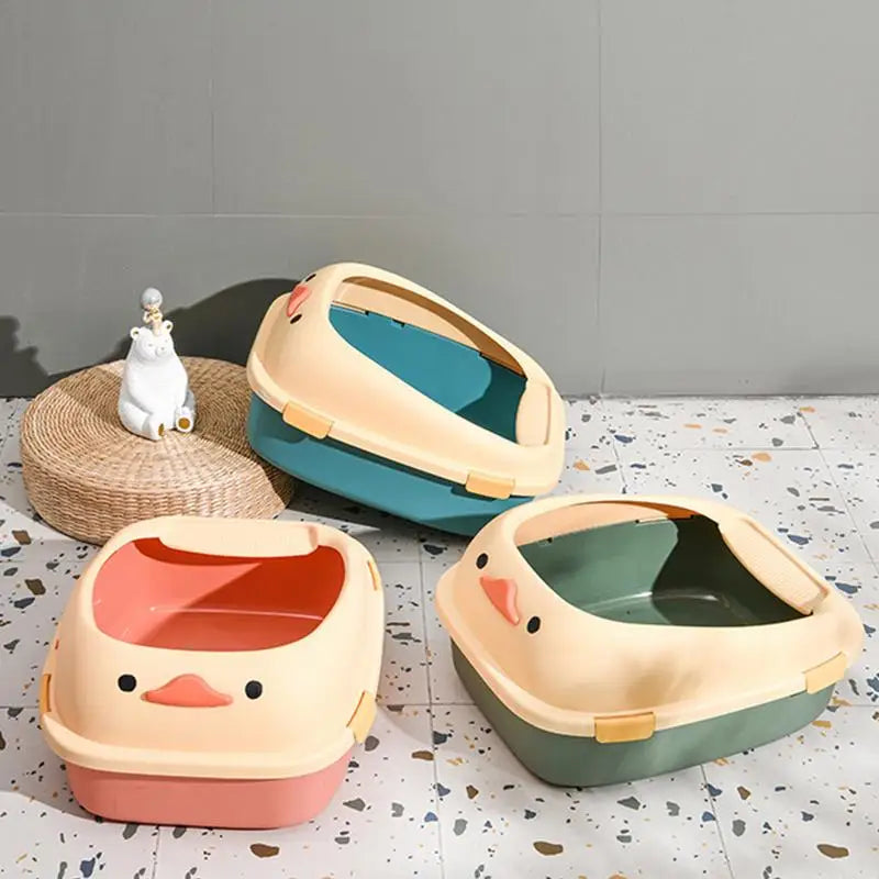 front image of three different colors duck-style cat litter box