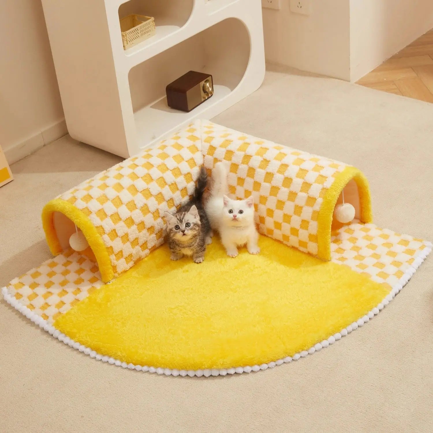 Yellow Color Detachable Cat Tunnel Carpet with Teaser Balls Top Image