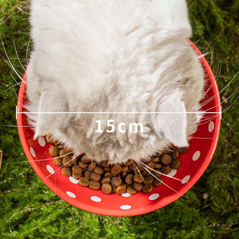 top image of red color Mushroom Ceramic Elevated Cat Bowl with width