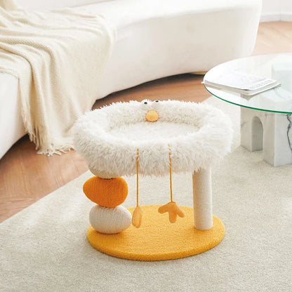 Front image of white color Fleece Chicken Cute Cat Bed with Scratching Post