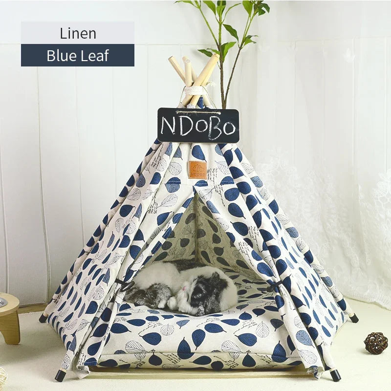 Blue Leaf Canvas Fabric Pet Tent with Cat Sleeping Front Image