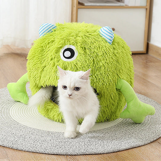 Green Monster Pet House Front Image with Cat Leaving the House