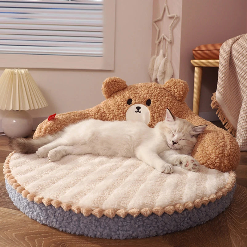 Bear Style Cuddling Soft Pet Bed Front Image with Cat Sleeping