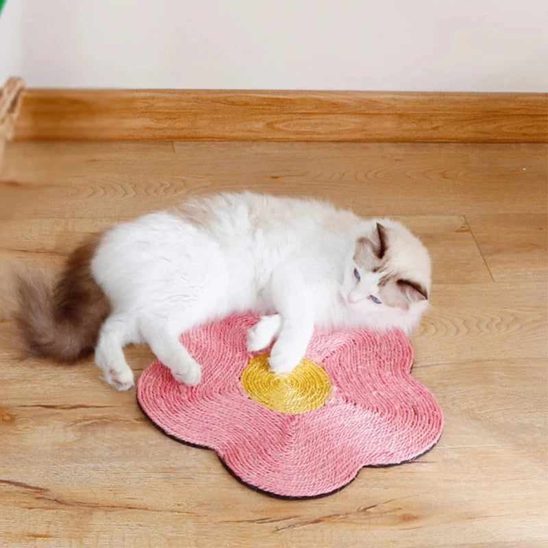 Pink Color Floral Hanging Cat Scratching Mat with Cat Resting on Mat