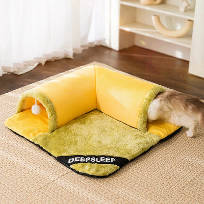 Cat Bed with Detachable Cat Tunnel with Cat Entering the Tunnel