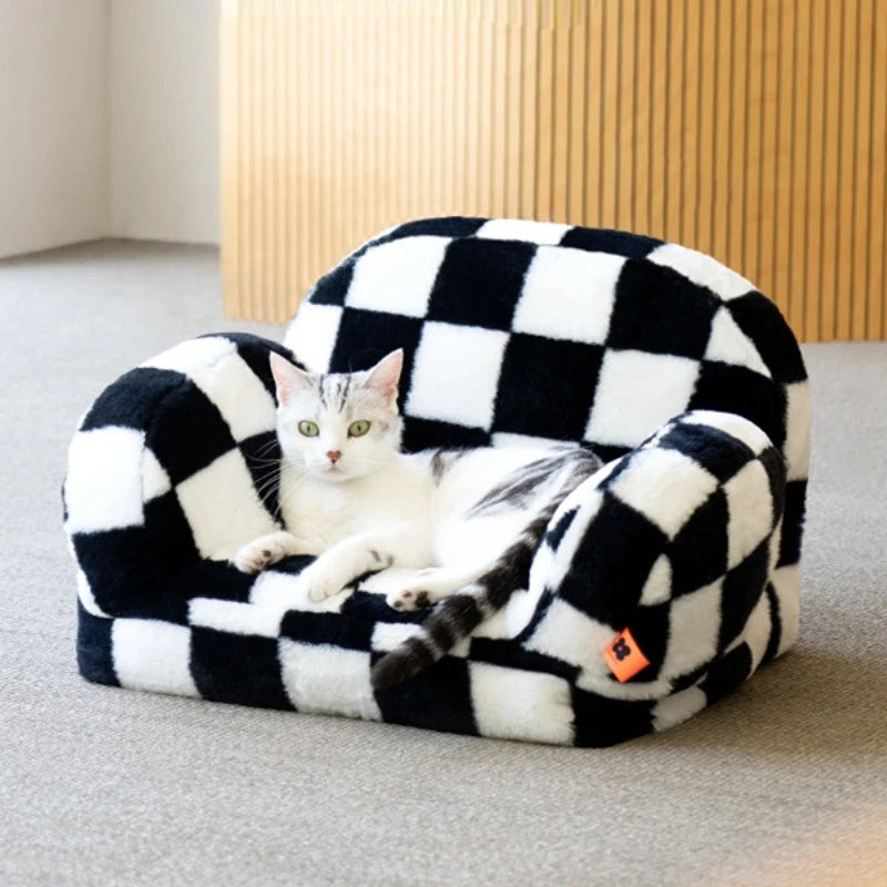 Checkboard Plush Pet Sofa with Cat Resting