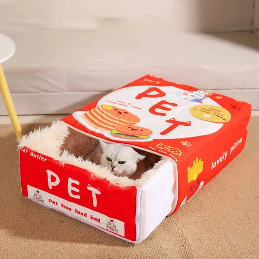 front image of red color Snack Box Enclosed Cat House with cat inside