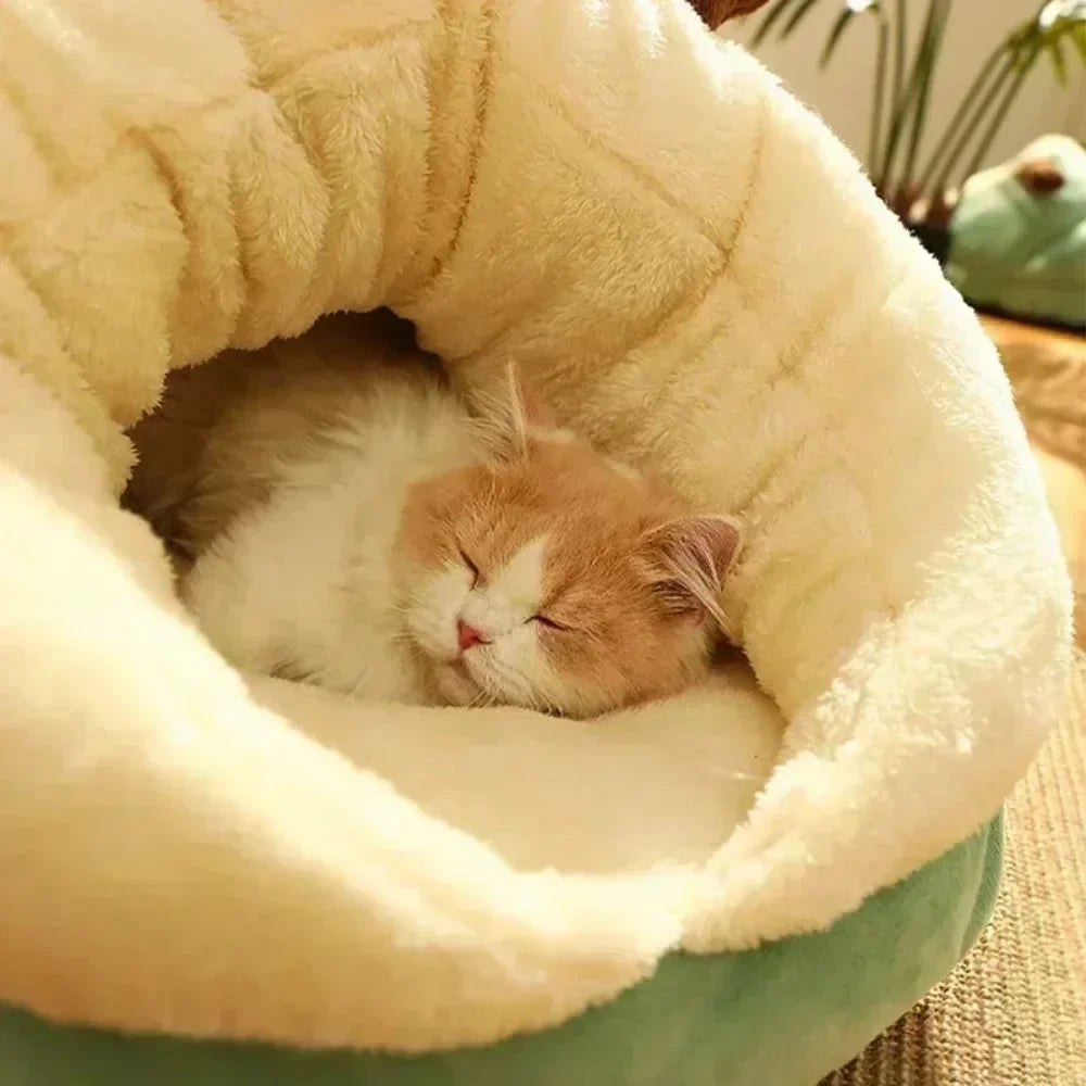 close up front image of Soft Slipper Pet House with cat sleeping inside