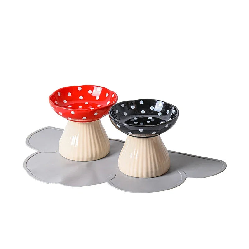 front image of red and black colors Mushroom Ceramic Elevated Cat Bowls with mat