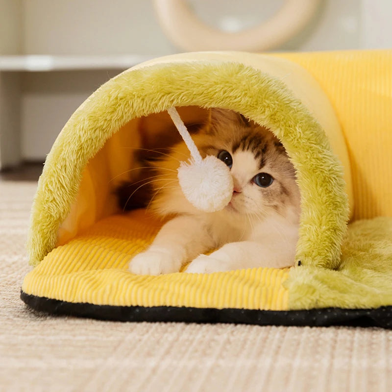 Cat Bed with Detachable Cat Tunnel with Cat Playing with the Attached Teaser Ball