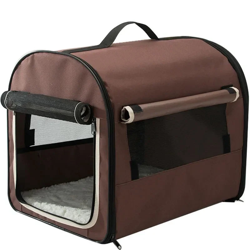 side image of brown color Waterproof Travel Pet Carrier With Rolling Door