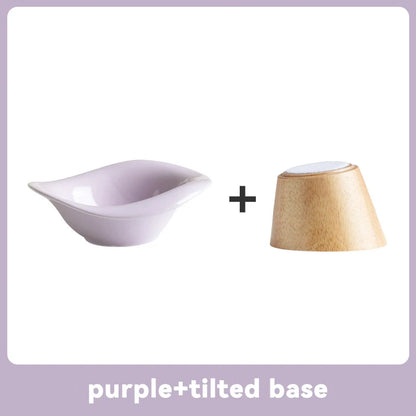 image of purple color Wooden Tilted Raised Cat Bowl with tilted base