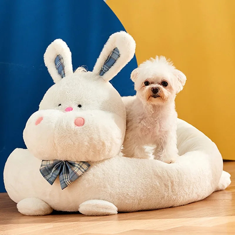 Side Image of Rabbit Style Pet Bed with Dog Standing on Top