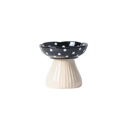 front image of black color Mushroom Ceramic Elevated Cat Bowl