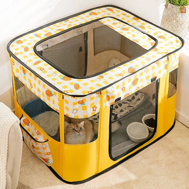 top image of yellow color Enclosed Folding Pet Bed Basket with cat inside