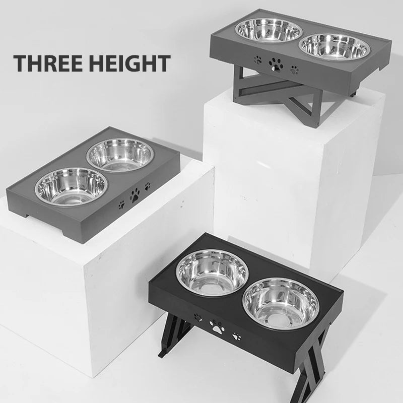 dual Stainless Steel Pet Bowl with Adjustable Stand image showing different heights