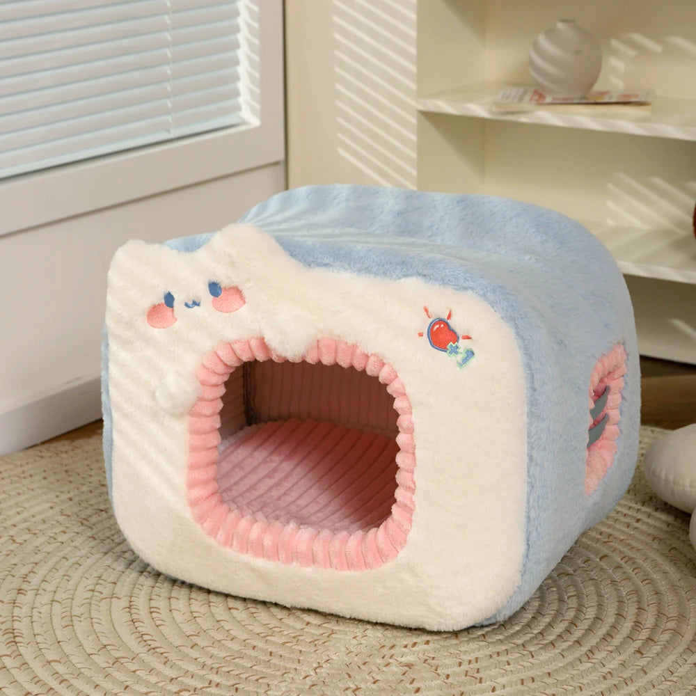 front image of blue color Cubic Warm Cat House