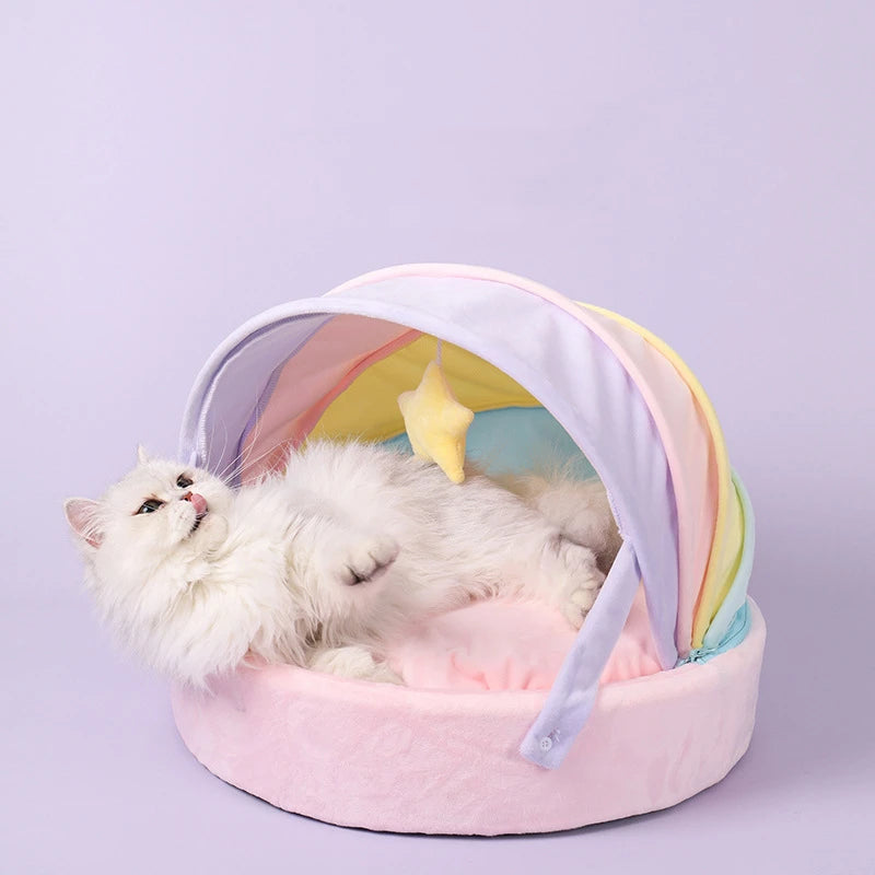 Front image of Rainbow Tent Cat Bed with cat lying inside