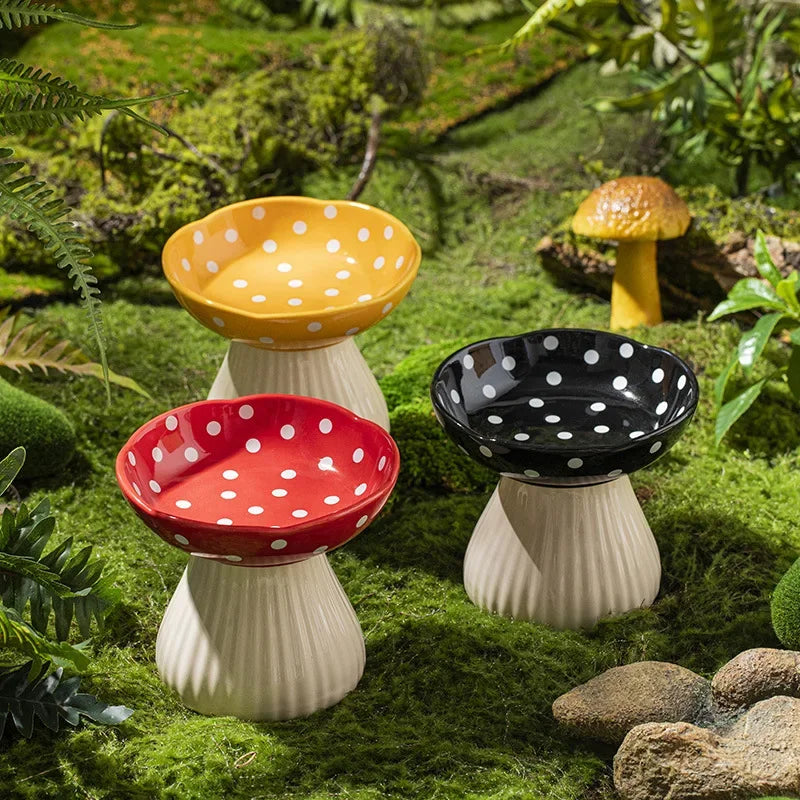 front image of three different colors Mushroom Ceramic Elevated Cat Bowls