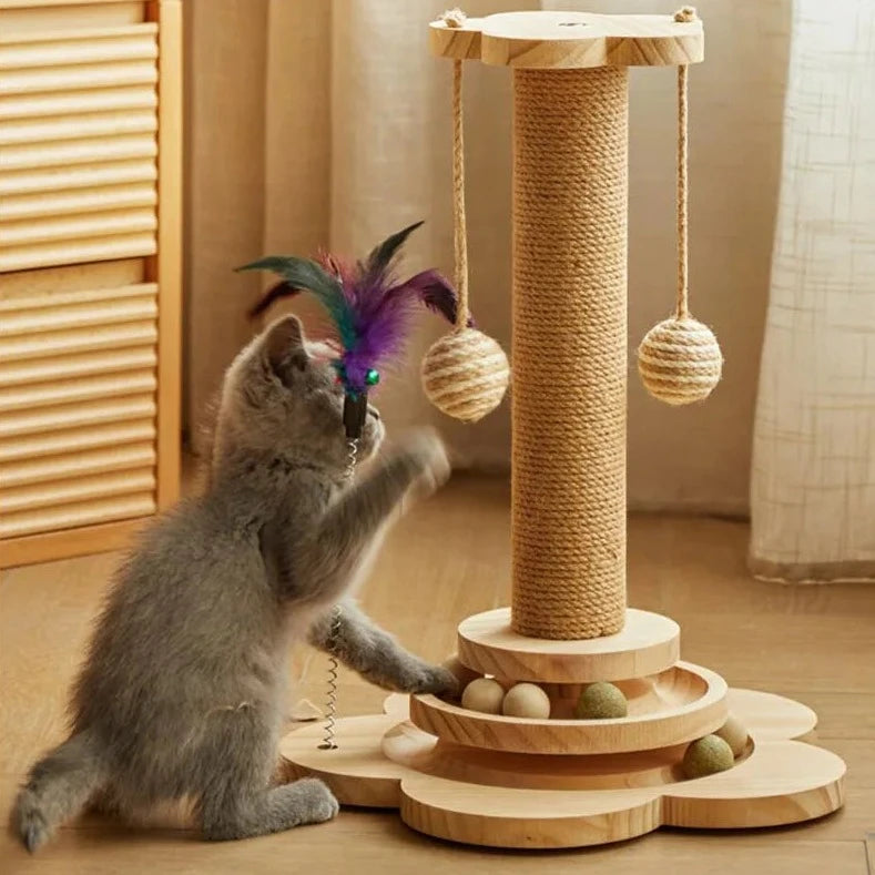 Cat Scratching Post with Feather Teasing Stick Front Image with Cat Playing the Teasing Ball