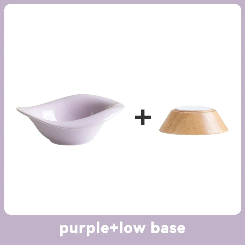 image of purple color Wooden Tilted Raised Cat Bowl with low base