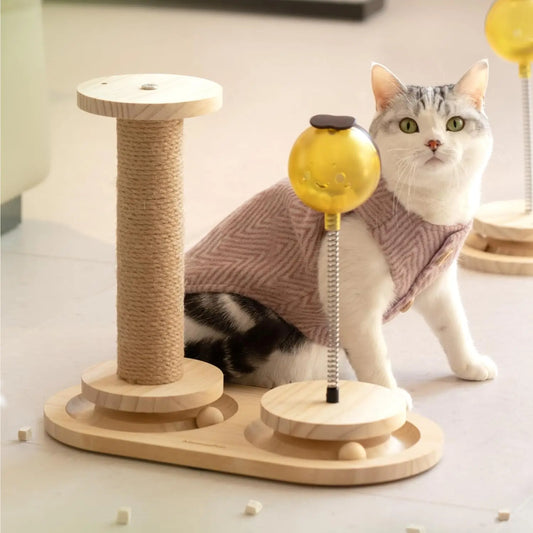 front image of Turntable Cat Toy with Scratching Post with cat sitting behind