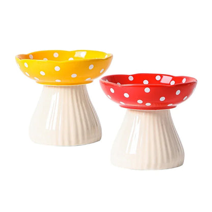 front image of yellow and red colors Mushroom Ceramic Elevated Cat Bowls