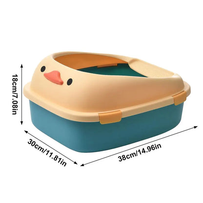 front image of yellow and green color Duck-Style Cat Litter Box with dimensions