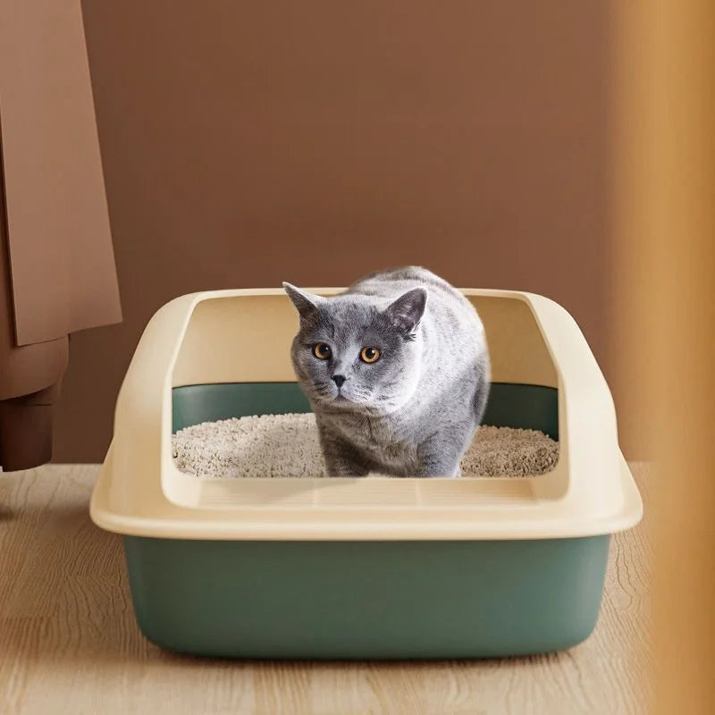 Green Color Semi-Enclosed Cat Litter Box with Cat Using the Box