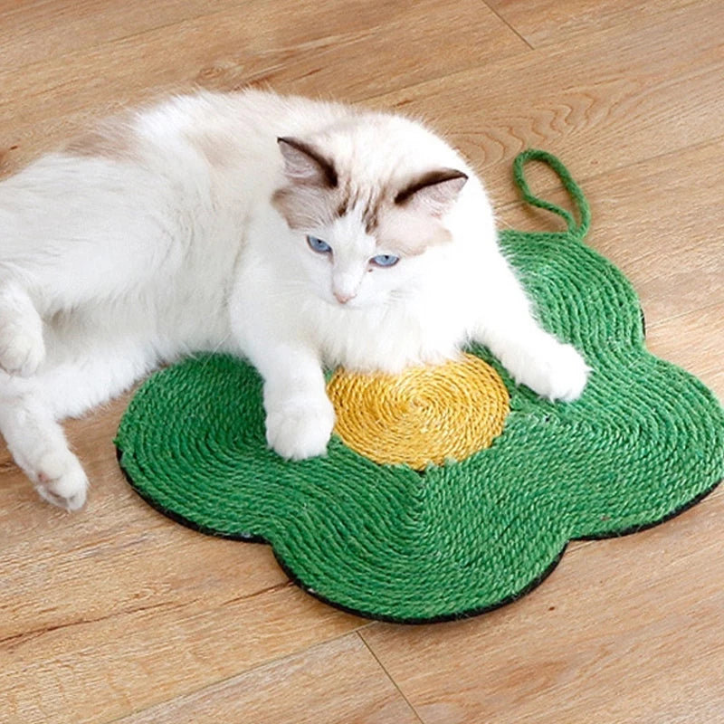 Green Color Floral Hanging Cat Scratching Mat with Cat Resting on Mat