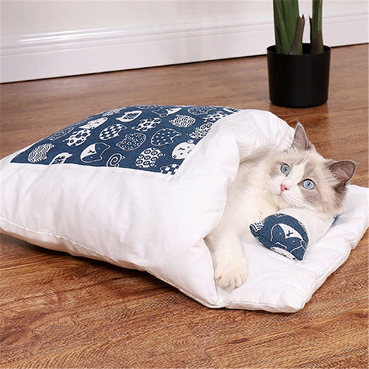 blue kitten pattern Tatami Pet Bed side image with cat inside