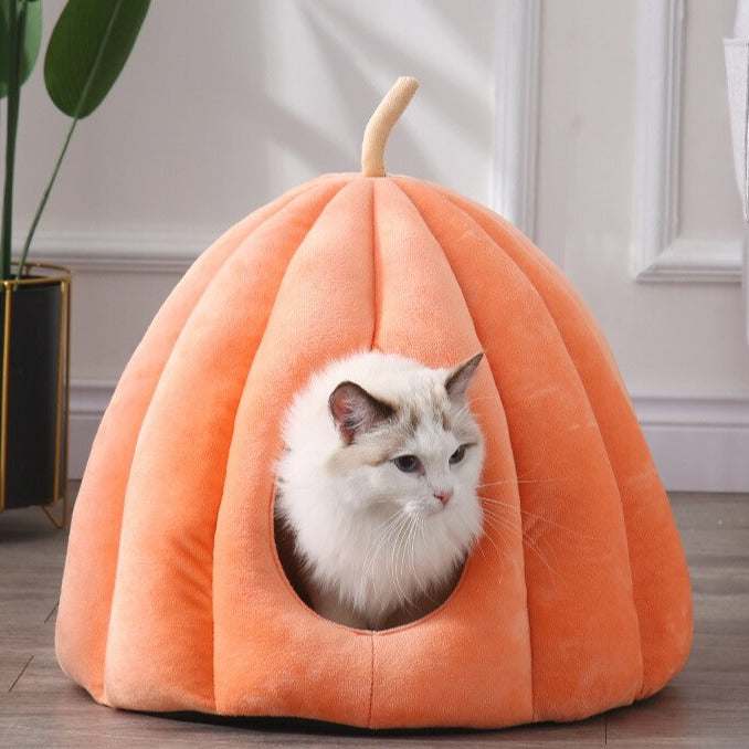 front image of orange color Enclosed Pumpkin Cat Bed with cat inside