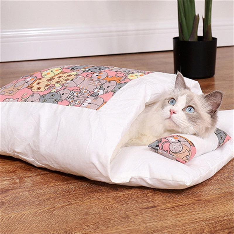 pink kitten pattern Tatami Pet Bed side image with cat inside