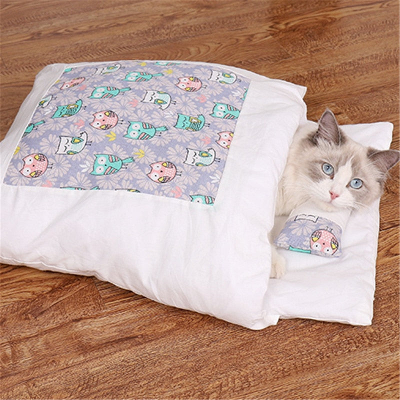 owl pattern Tatami Pet Bed top image with cat inside