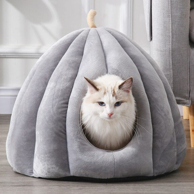 front image of grey color Enclosed Pumpkin Cat Bed with cat inside