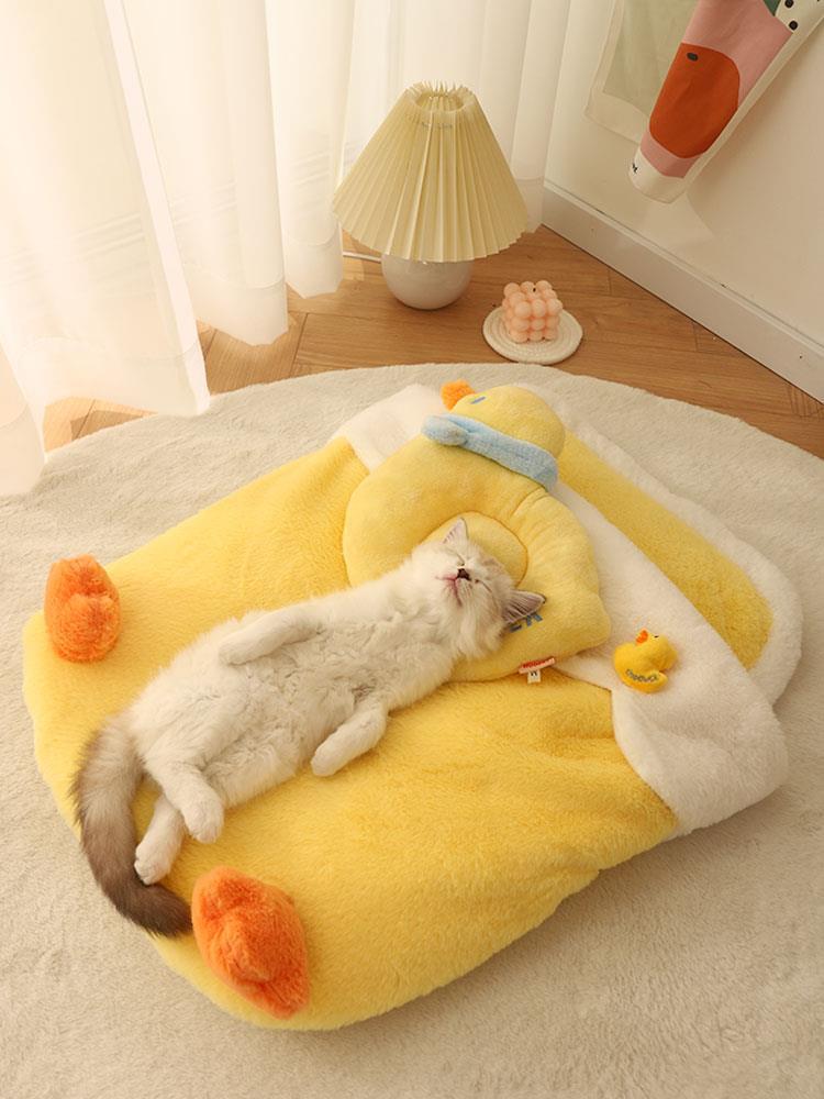 top image of Cute Duck Cat Bed with cat sleeping