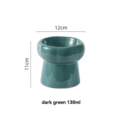 130ml Dark Green Ceramic Elevated Pet Bowl Front Image Showing Dimensions