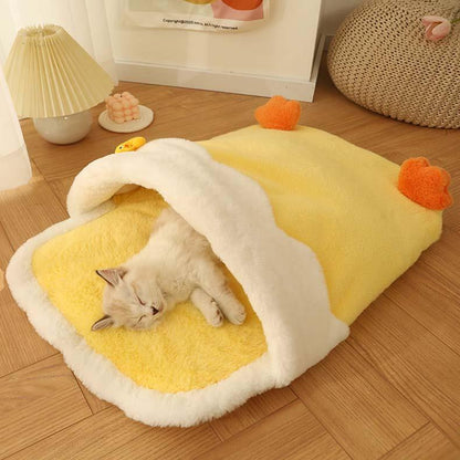 top image of Cute Duck Cat Bed with cat sleeping inside