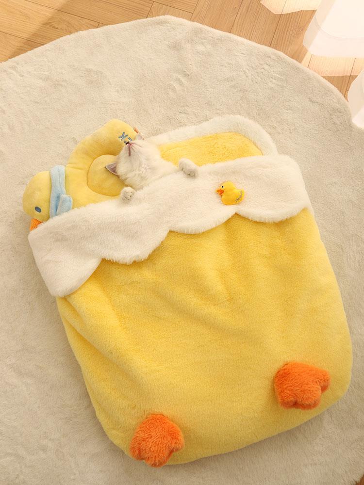 top image of Cute Duck Cat Bed with cat sleeping